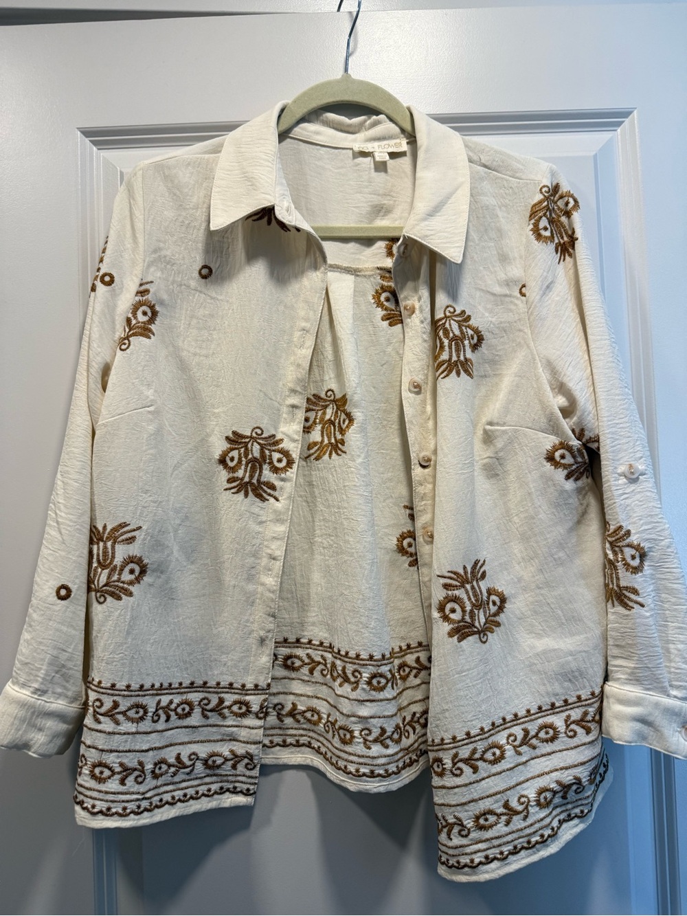 Embroidered Cream Button-Up Top with Golden Brown Floral Accents